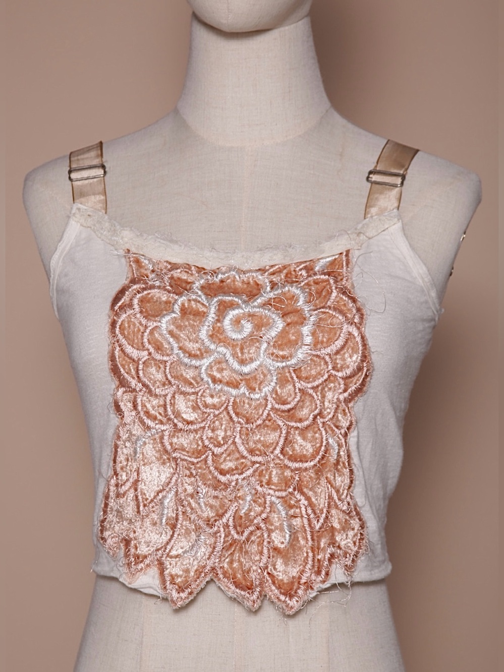 Vintage Y2K Free People Velvet Lace Crop Cami Tank Ivory Blush Boho M - Picture 2 of 5